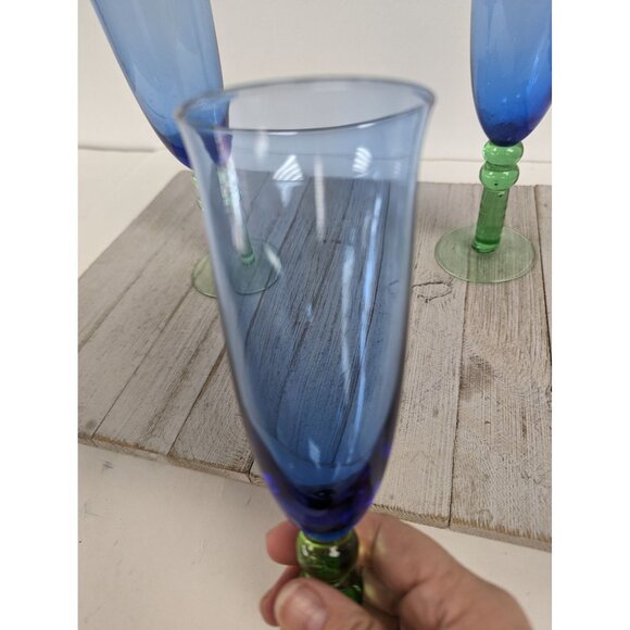 French Style Set of 3 Wine Drinking Glasses 8 5/8" Tall Blue Green Stem - Picture 9 of 9
